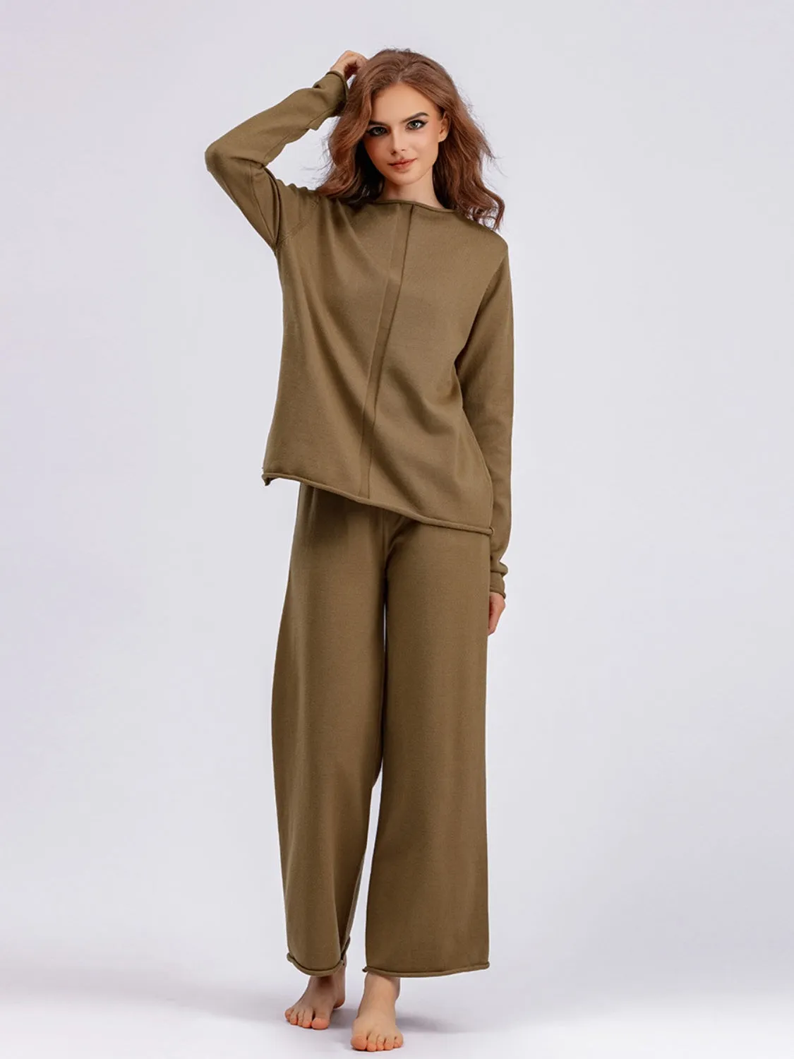 Basic Bae Rolled Round Neck Top and Pants Sweater Set