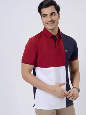 Blue & Maroon Striped Slim Fit Polo T-Shirt | JadeBlue