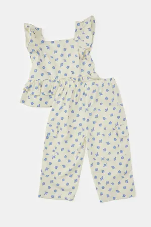 Infant Girls Beige Floral All Over Print Set (2 Piece)