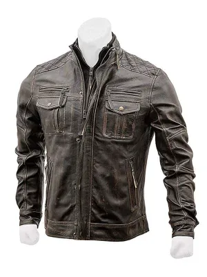 Men's Slim Fit Vintage Black Distressed Cafe Racer Jacket