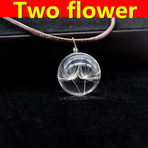 Real Dried Dandelion Pendant Necklace Glass Ball Plant flower Crystal feather Long Strip Leather rope Chain Gift Collier Femme